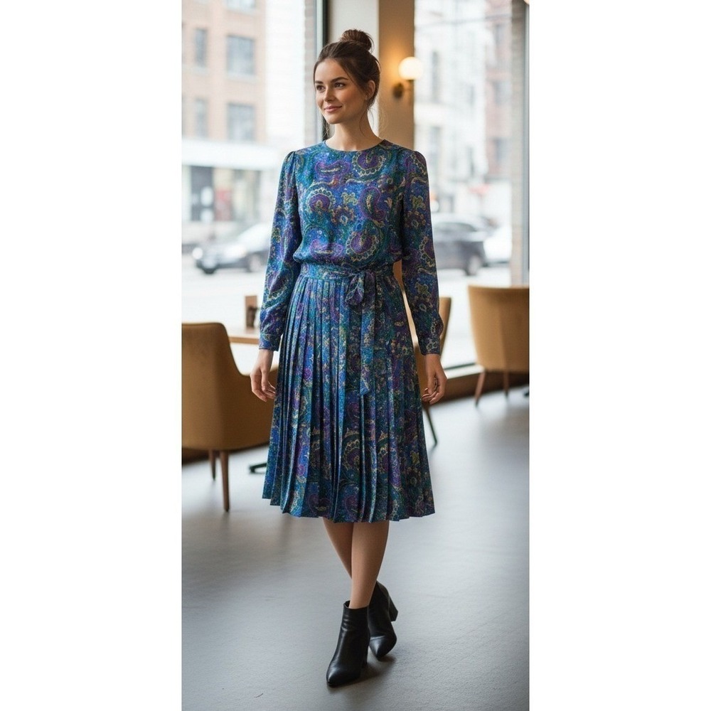Jessica Howard Dress Womens Size 8 Paisley‎ Long Sleeve Midi Cottagecore USA Vtg
